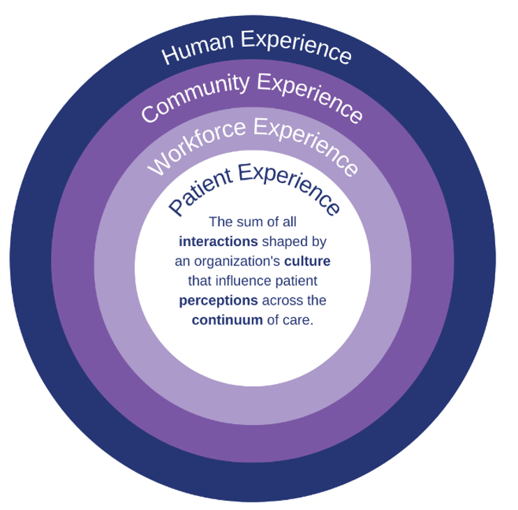 Human Experience, Community Experience, Workforce Experience, Patient Experience, The sum of all interactions shaped by an organization's culture that influence patient perceptions across the continuum of care.